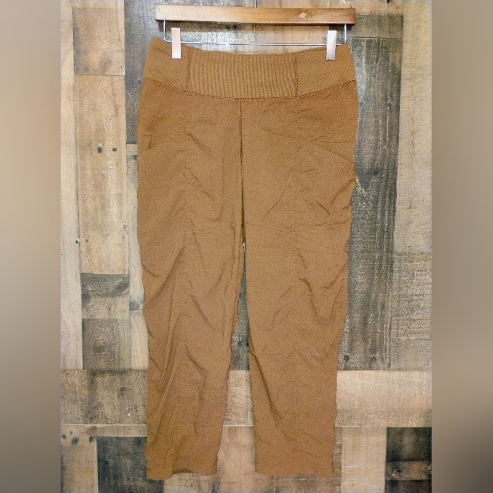 PrAna Brown Ruched Leg Athletic Cropped Pants Women's Size Small Pull On Yoga